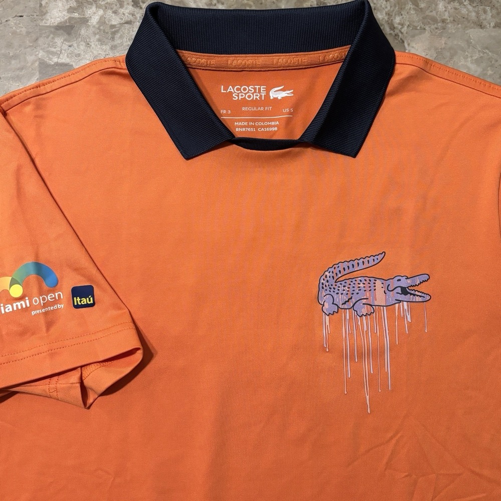 Lacoste Miami Open Polo Shirt Mens Small 3 Orange Square Neck Tennis Drip Croc